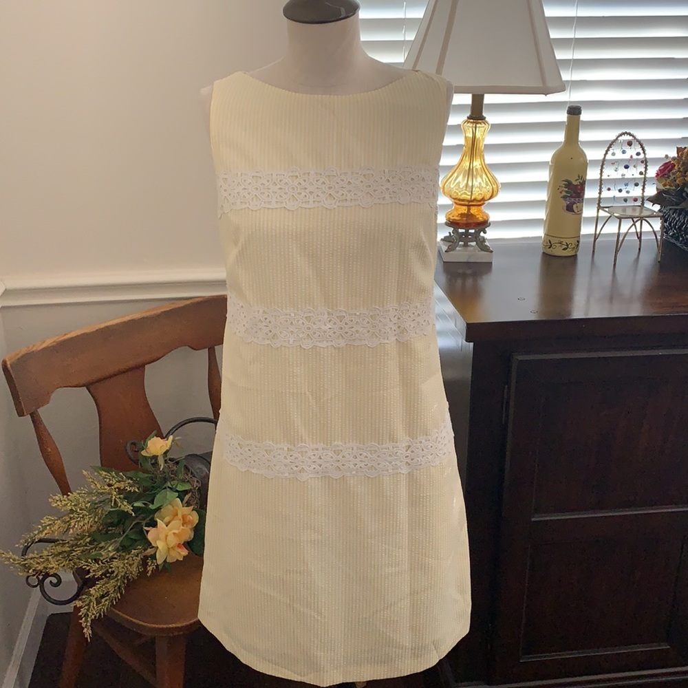 London Times Yellow & White Seersucker Shift Dress